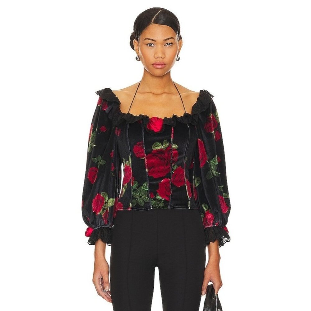 For Love & Lemons Black Red Rose Velvet Yara Top NWT $189 Size Medium
